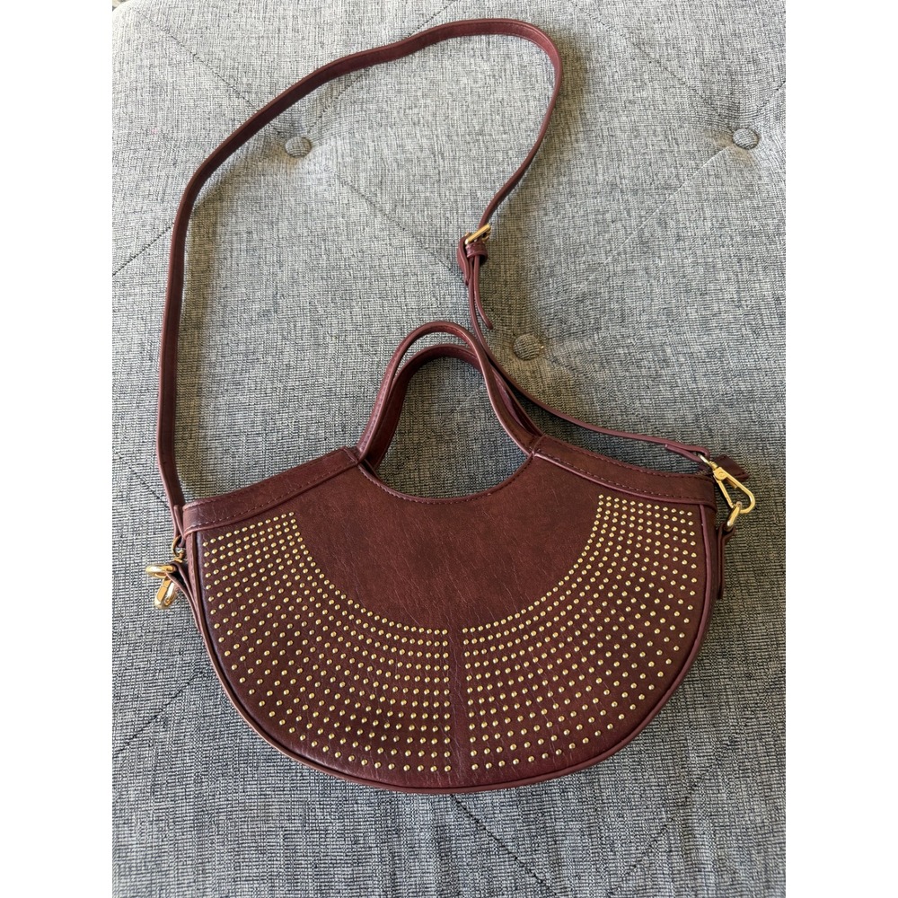 Melie Bianco Burgundy Studded Crescent Crossbody Bag Vegan Leather Gold Hardware